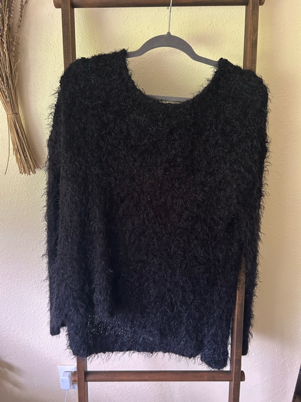 hinge Black Fuzzy Crew Neck Sweater